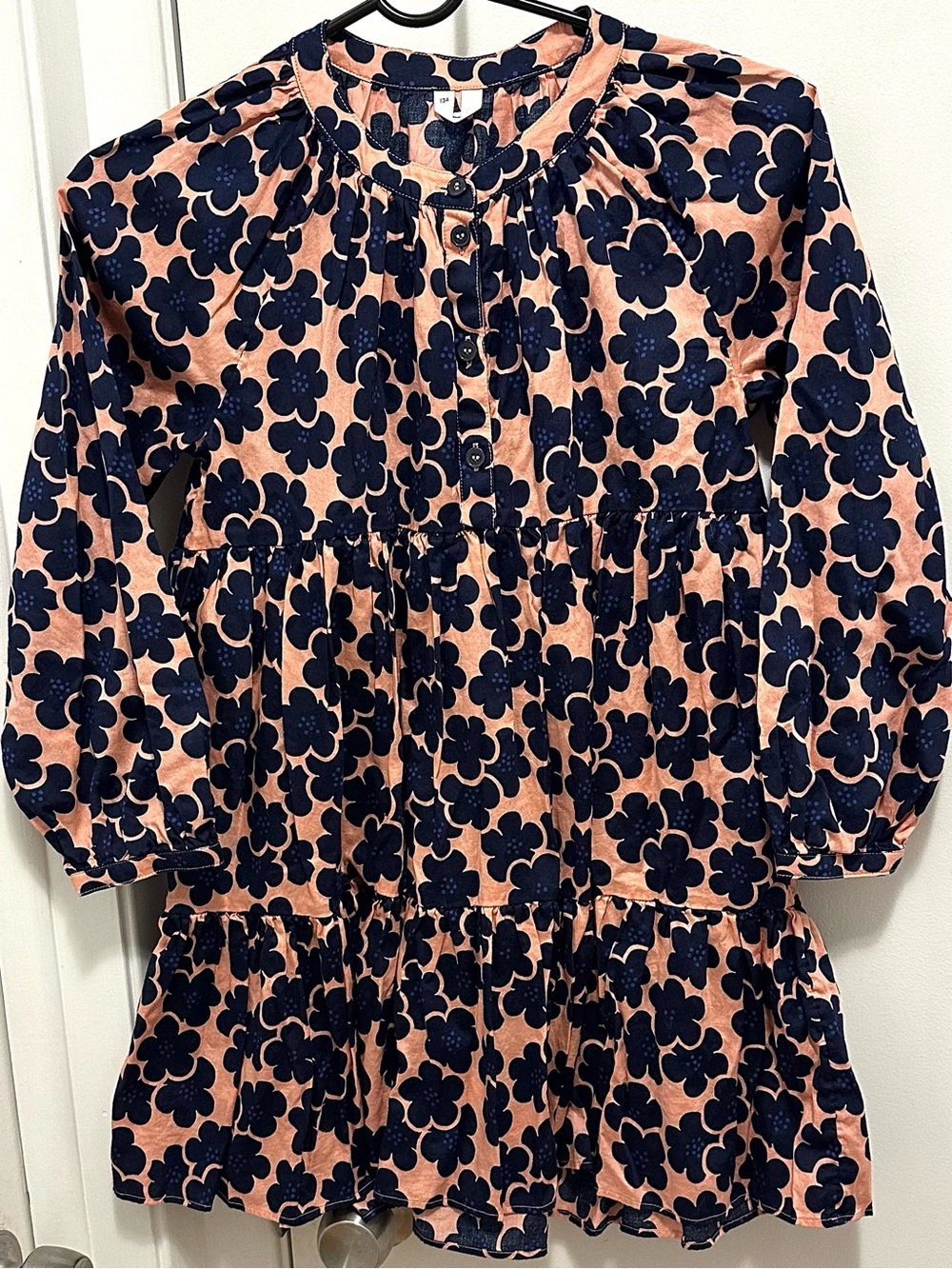 ARKET Sweden Organic Cotton Long Sleeve Flower Dress Navy Blue Peach Girls 9-10